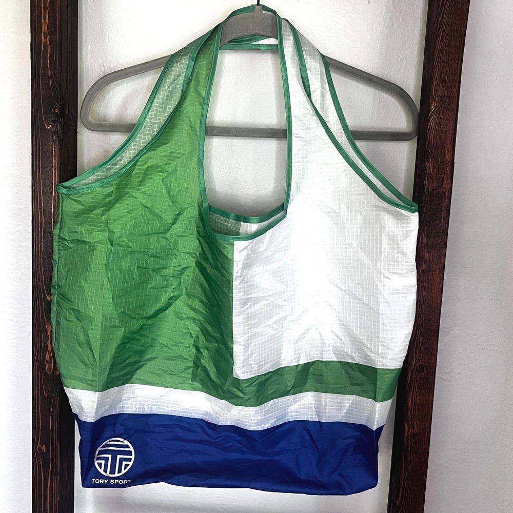 Tory Birch Sport Colorblock Ripstop Nylon Reusable Tote Bag Green White Navy